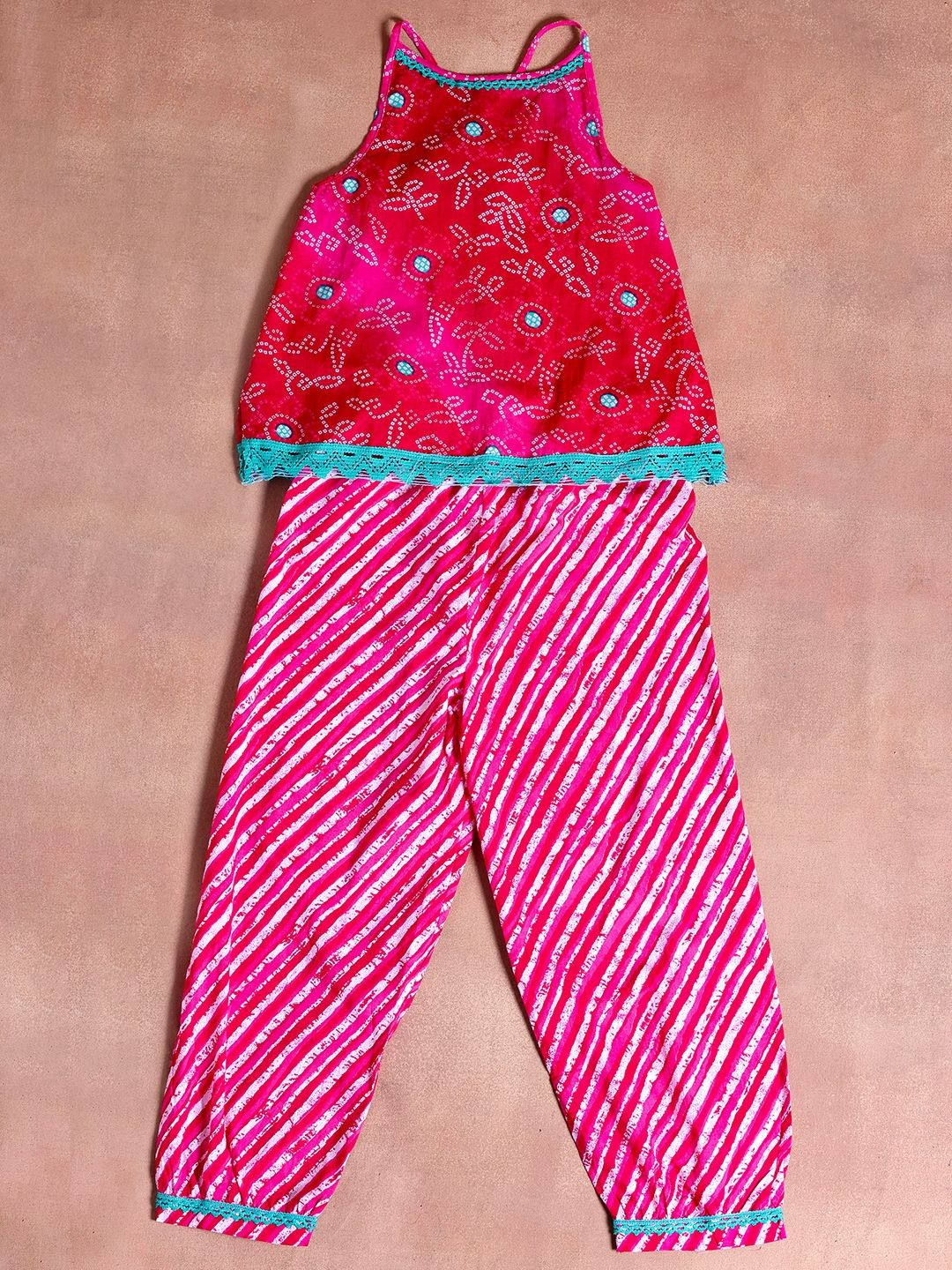 Libas KIDS Girls Bandhani Printed Criss-Cross Back Pure Cotton Top With Salwar