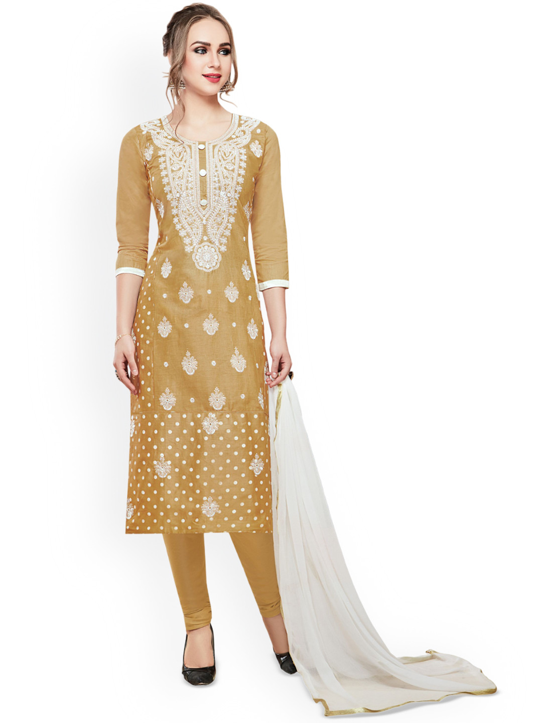 Maroosh Floral Embroidered Thread Work Glaze Cotton Unstitched Dress Material