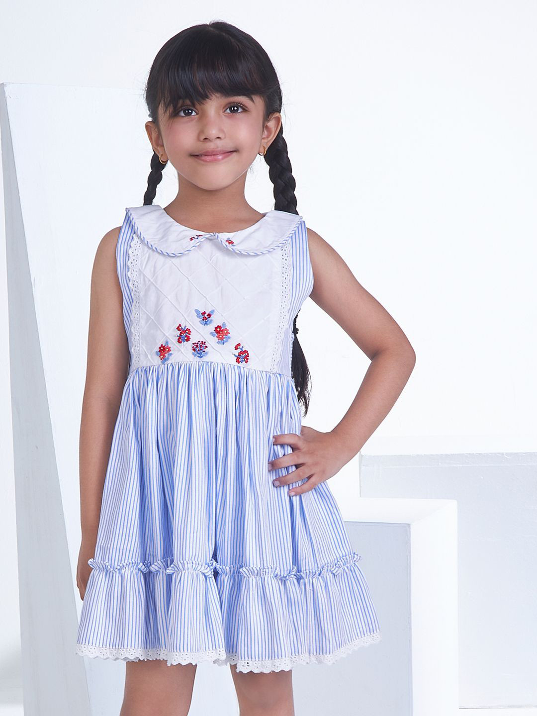 Soleilclo Girls Striped Cotton Peter Pan Collar Above Knee Fit & Flare Dress