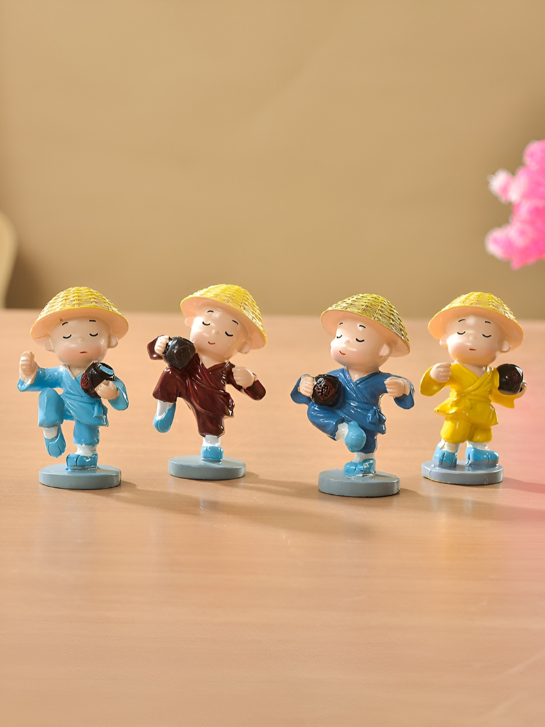 TAYHAA Miniature Monk Buddha Holding Coffee Mug Nude Resin Matte Living Room Set of 4 Tiny Showpieces - 3 Inches