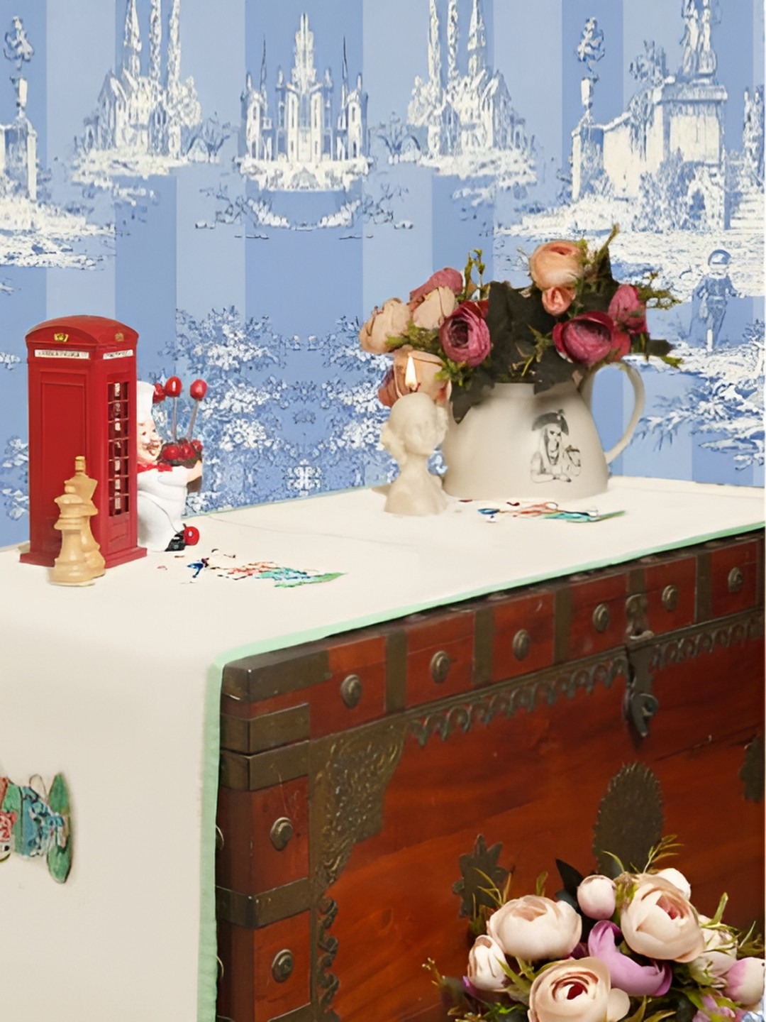 BAESD Off White & Blue Printed Organic Cotton Table Runner