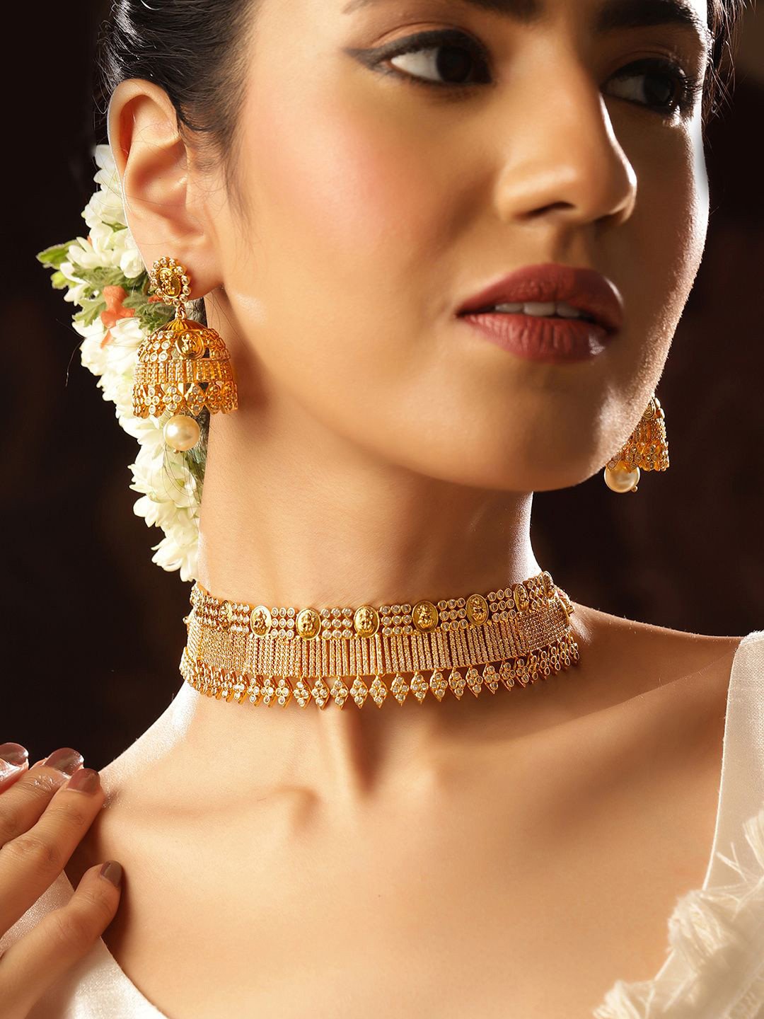 Priyaasi Gold-Plated Kundan Stones-Studded Statement Lakshmi Pattern Chocker Jewellery Set