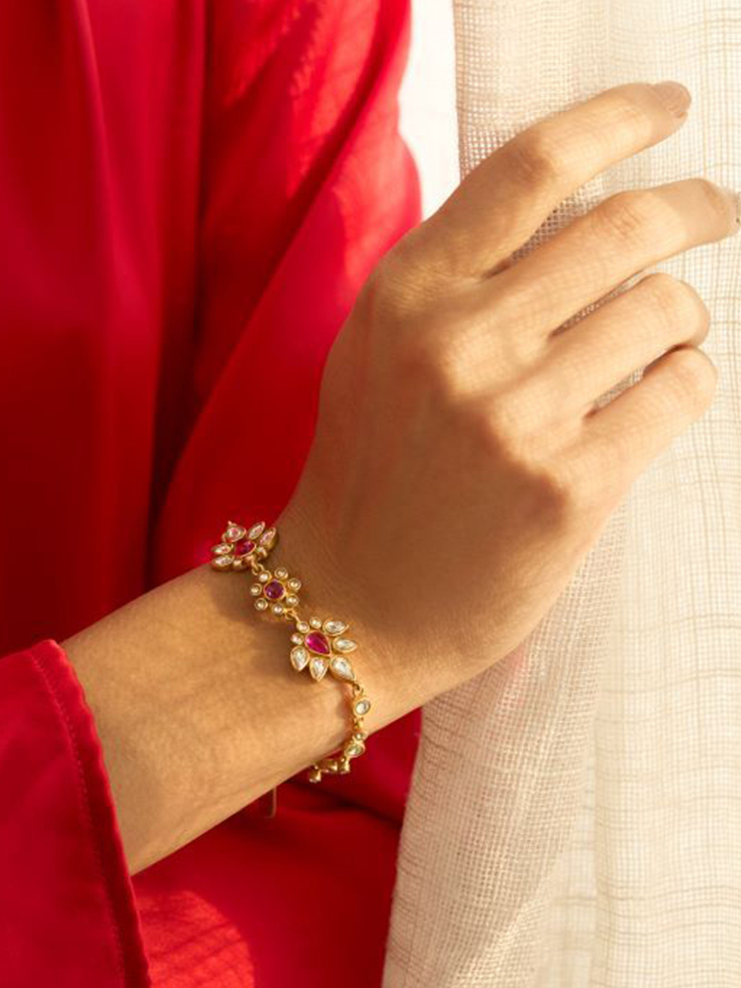 Aulerth Gulmohar Crimson Gold-Plated Stone Studded Wraparound Bracelet