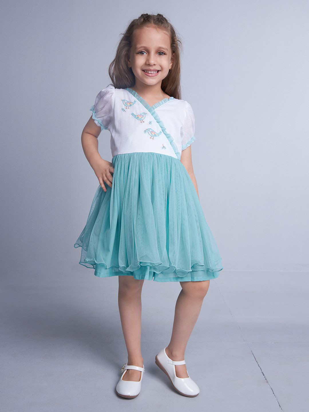 Soleilclo Girl's  Embroidered Puff Sleeve Wrap Dress