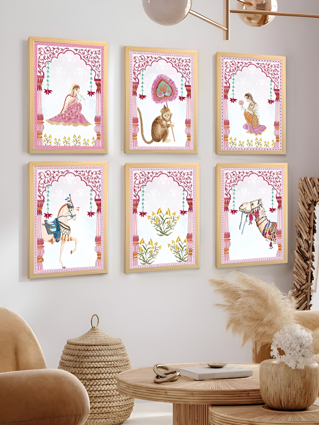 Art Street Pink & Yellow 2 Pieces Indian Motif Mughal Pichwai Painting Wall Arts