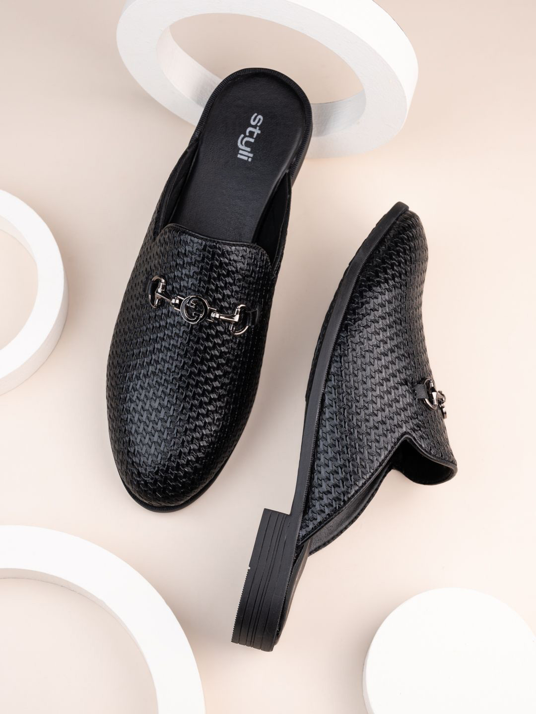 Styli Men Patterned Faux Leather Slip On Mules with Buckle Details