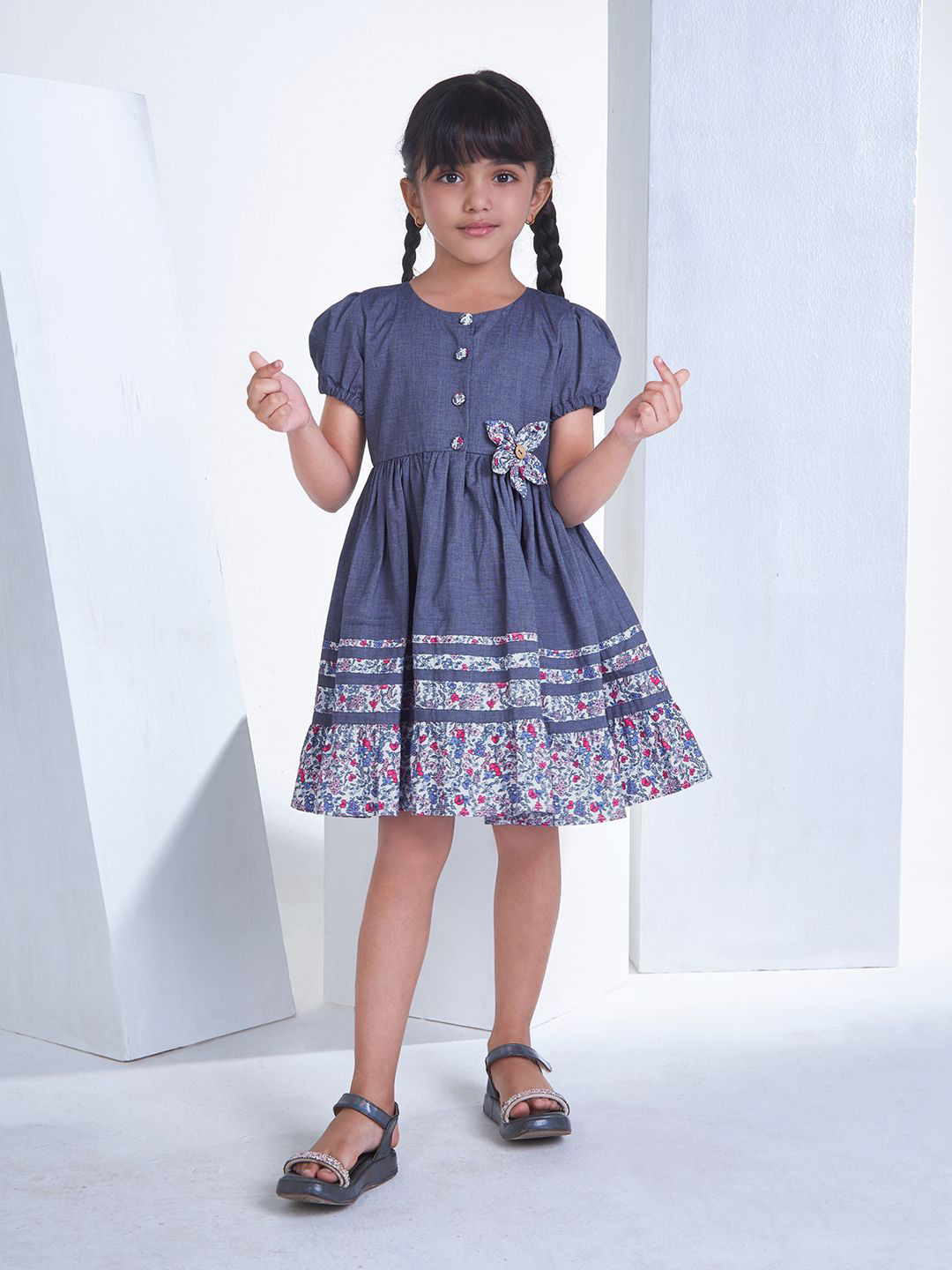 Soleilclo Girls Cotton Floral Printed Puff Sleeve Applique Fit & Flare Dress