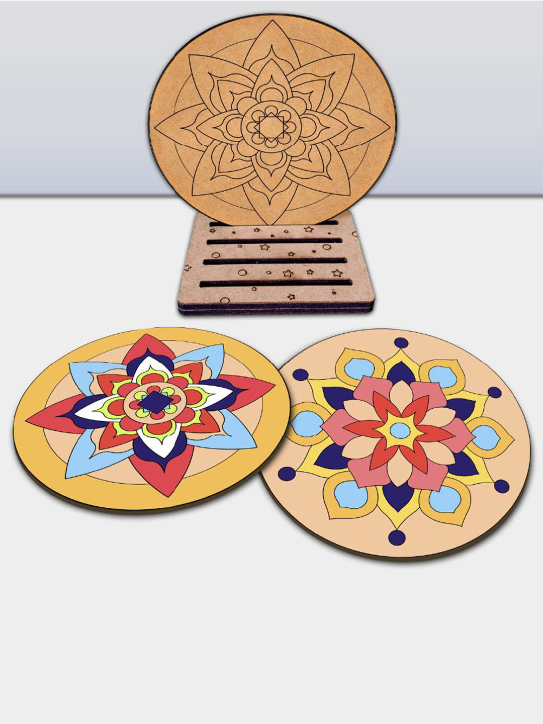 Mini Leaves Wooden Tea Coasters With 12 Tempera Colours