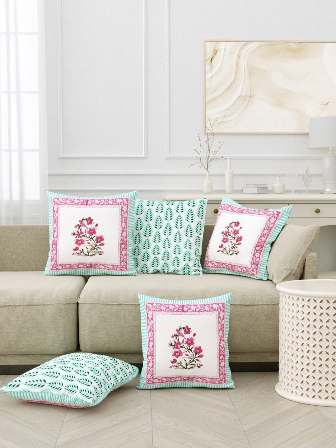 BLOCKS OF INDIA Green Floral Cotton Breathable 5 Piece Square Cushion Covers -16x16In