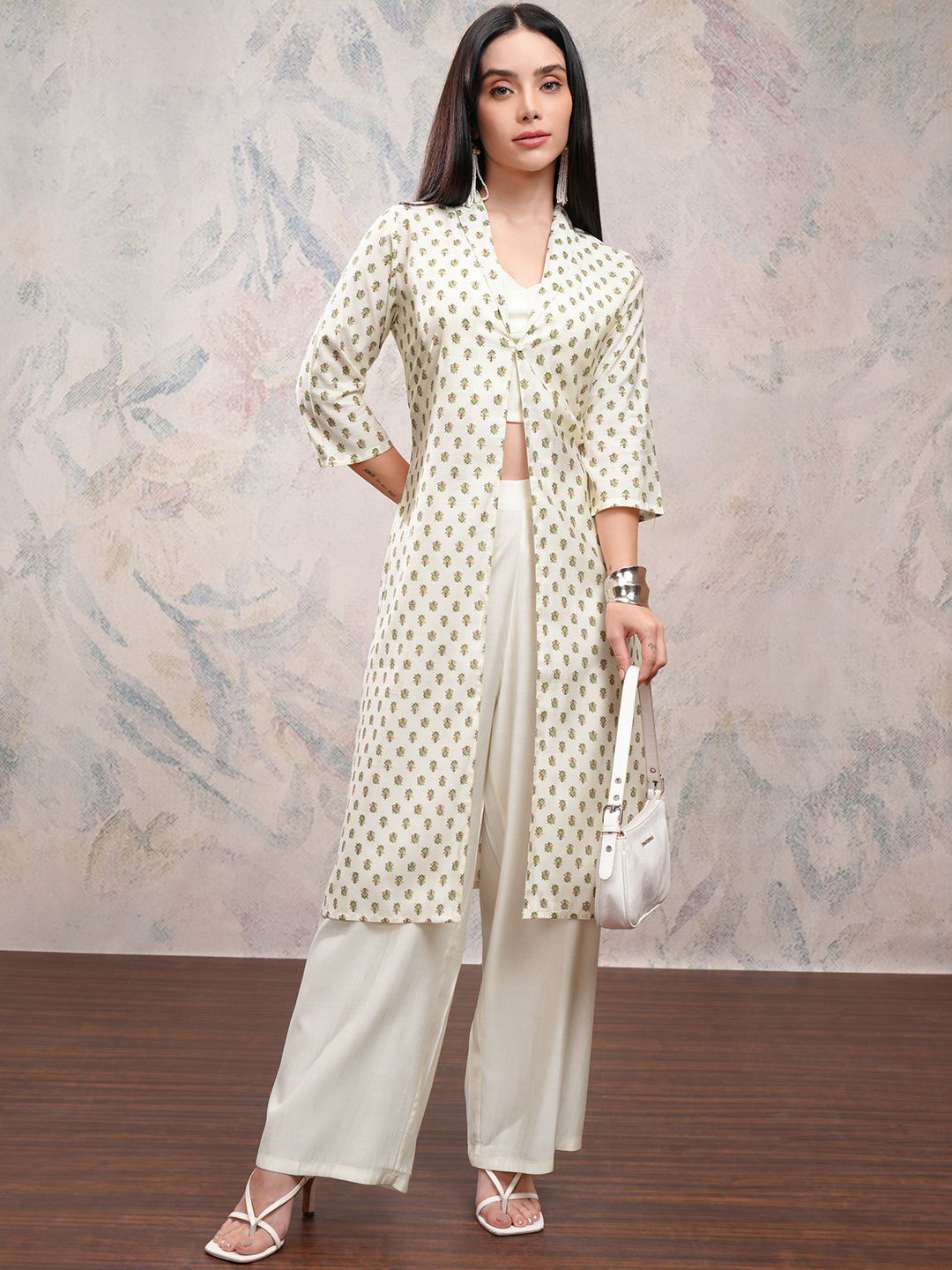 Vishudh Off White Shoulder Strap Neck Sleeveless Top & Jacket With Palazzo