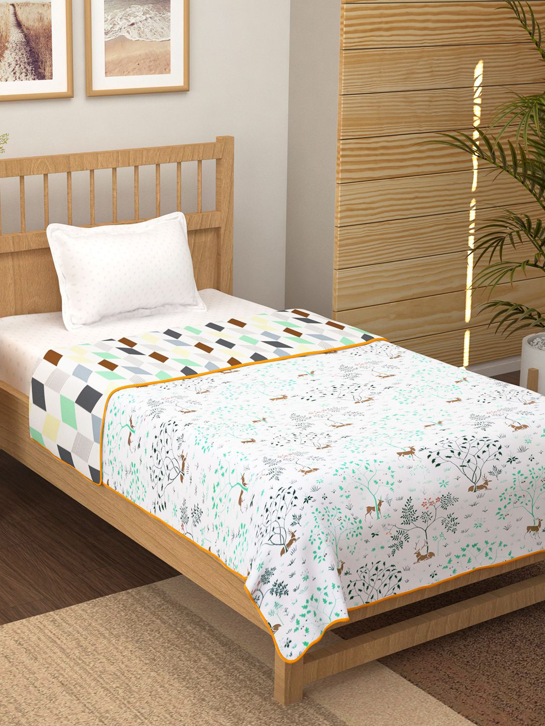 Story@home Yellow & White Floral Printed Cotton ACRoom 150 GSM Reversible Single Bed Dohar
