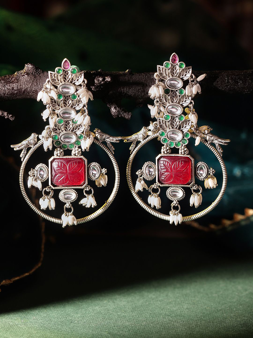 Priyaasi Silver-Plated Oxidized Stone Studded & Beaded Floral Pattern Drop Earrings