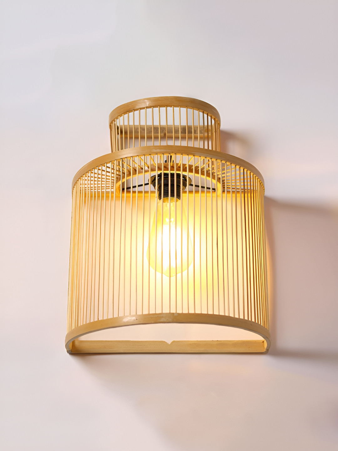 HABERE INDIA Beige Textured Wood Cylinder Shaped Wall Lamp