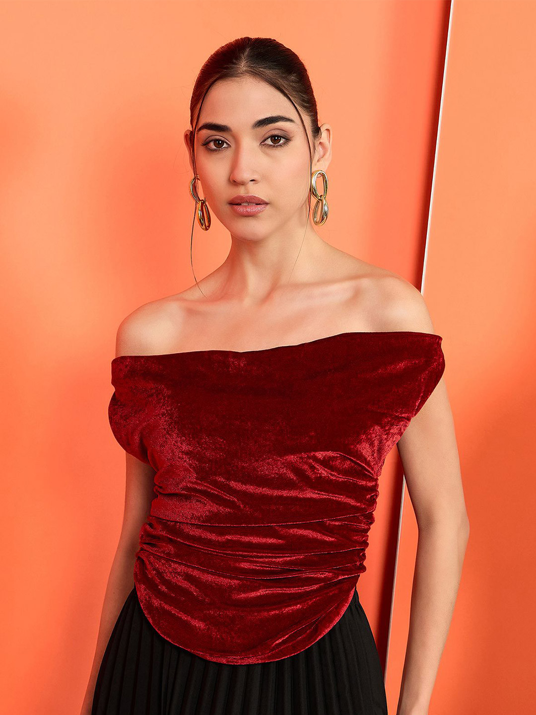 Uptownie Velvet Stretchable Draped Crop Top