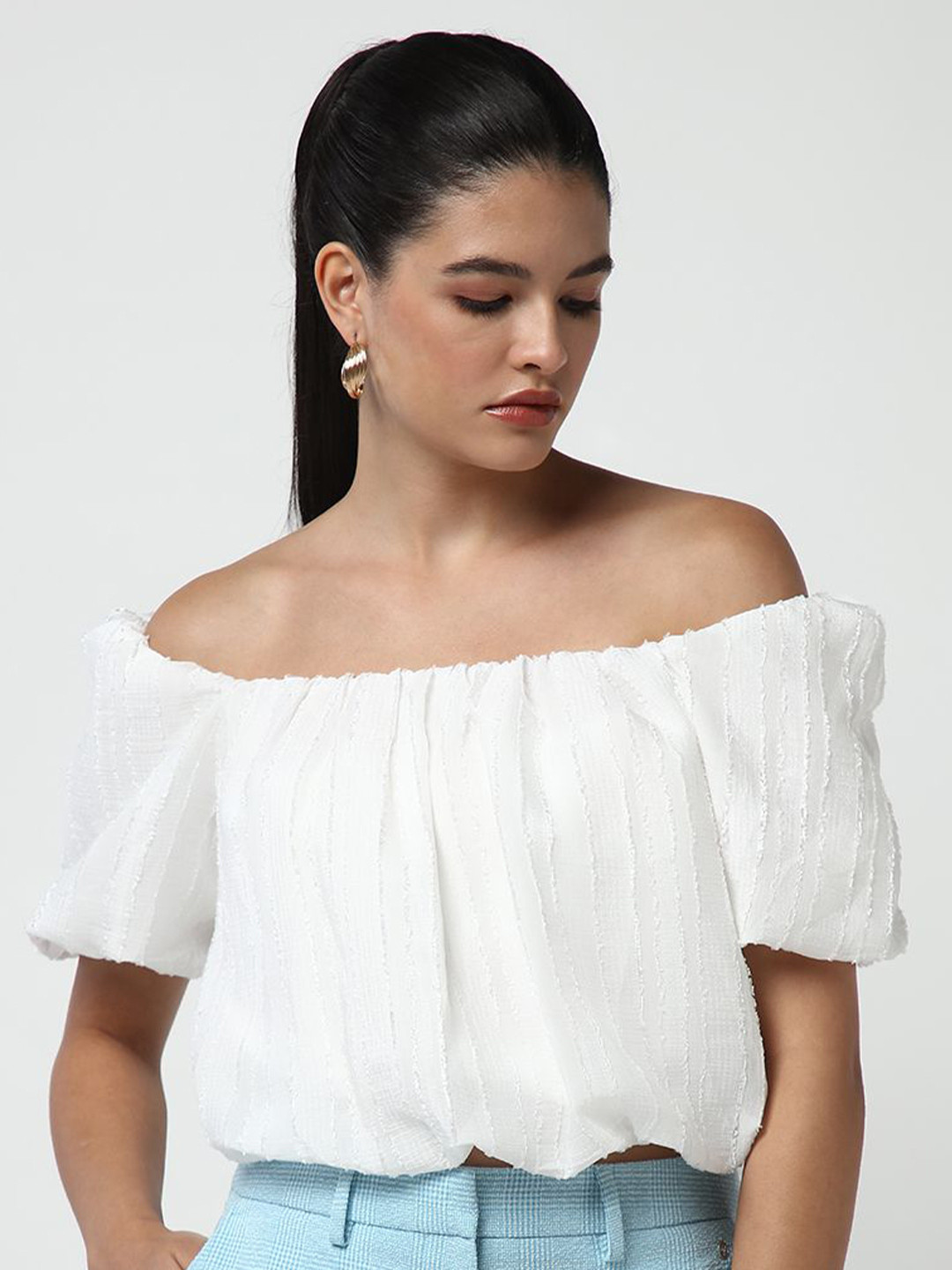SHOWOFF Women Off-Shoulder Puff Sleeve Blouson Crop Top