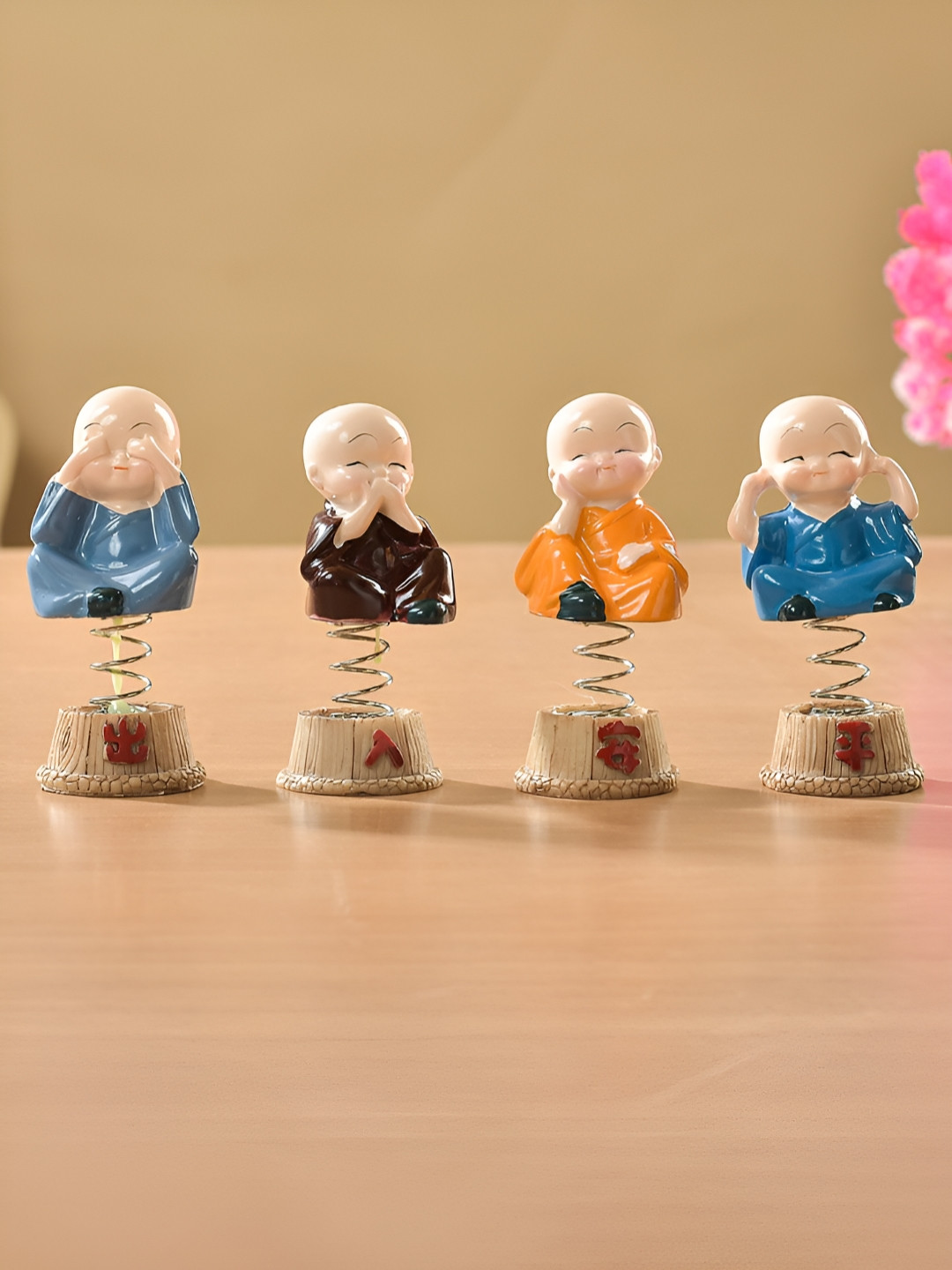 TAYHAA Miniature Spring Monk Buddha Nude Resin Matte Living Room Set of 4 Small Showpieces - 3.5 Inches