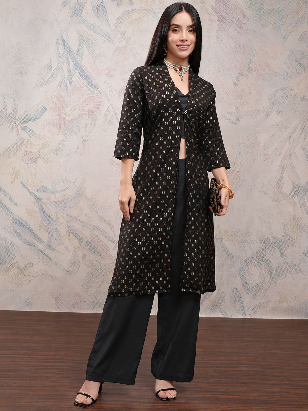 Vishudh Black Shoulder Strap Neck Sleeveless Top & Jacket With Palazzo