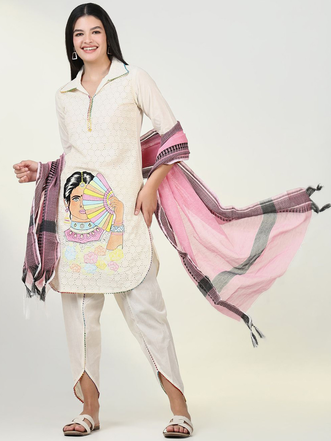 SHOWOFF Shirt Collar Ethnic Motifs Self Design Straight Kurta with Dhoti Pants & Dupatta