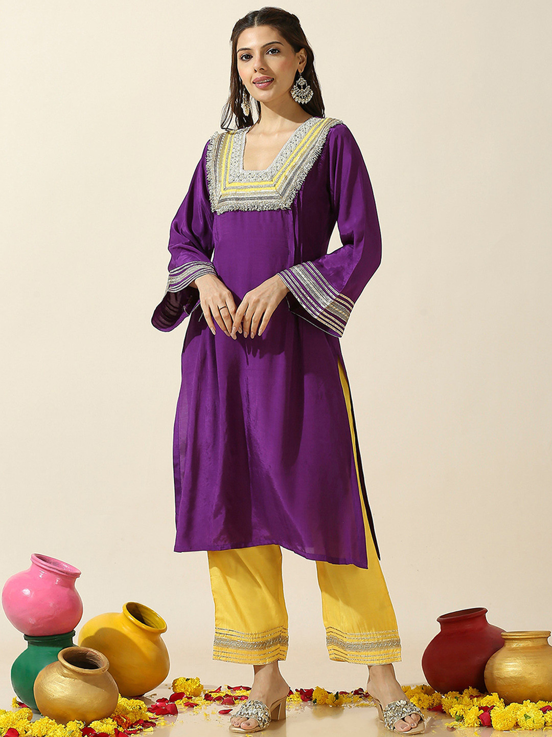 Label Ishnya Floral Yoke Design Beads Work Square Neck Straight Fusion Kurta With Trouser