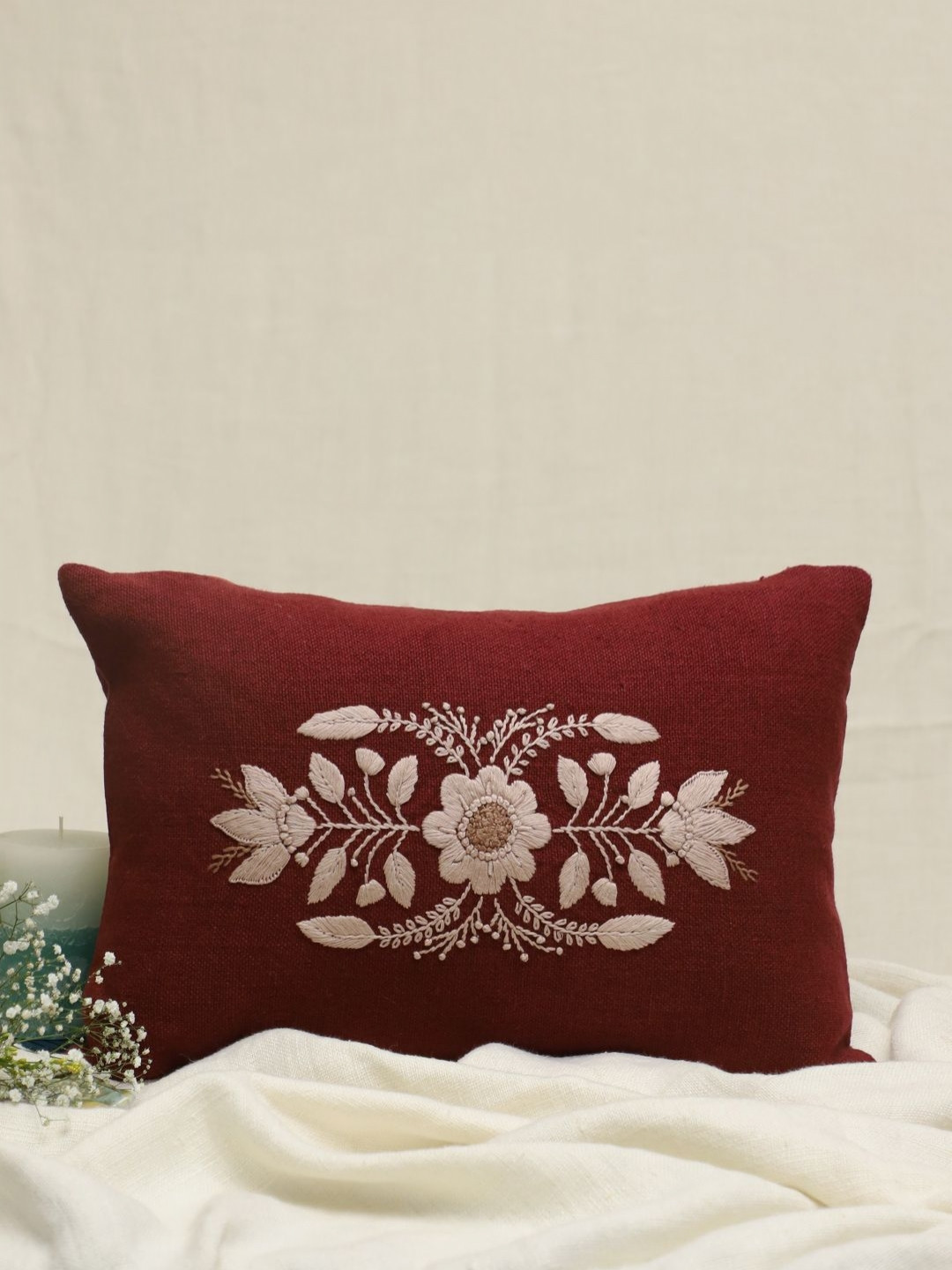 DESIGN GAATHA Floral Linen Lightweight Embroidered Rectangle Cushion Cover - 12x18In