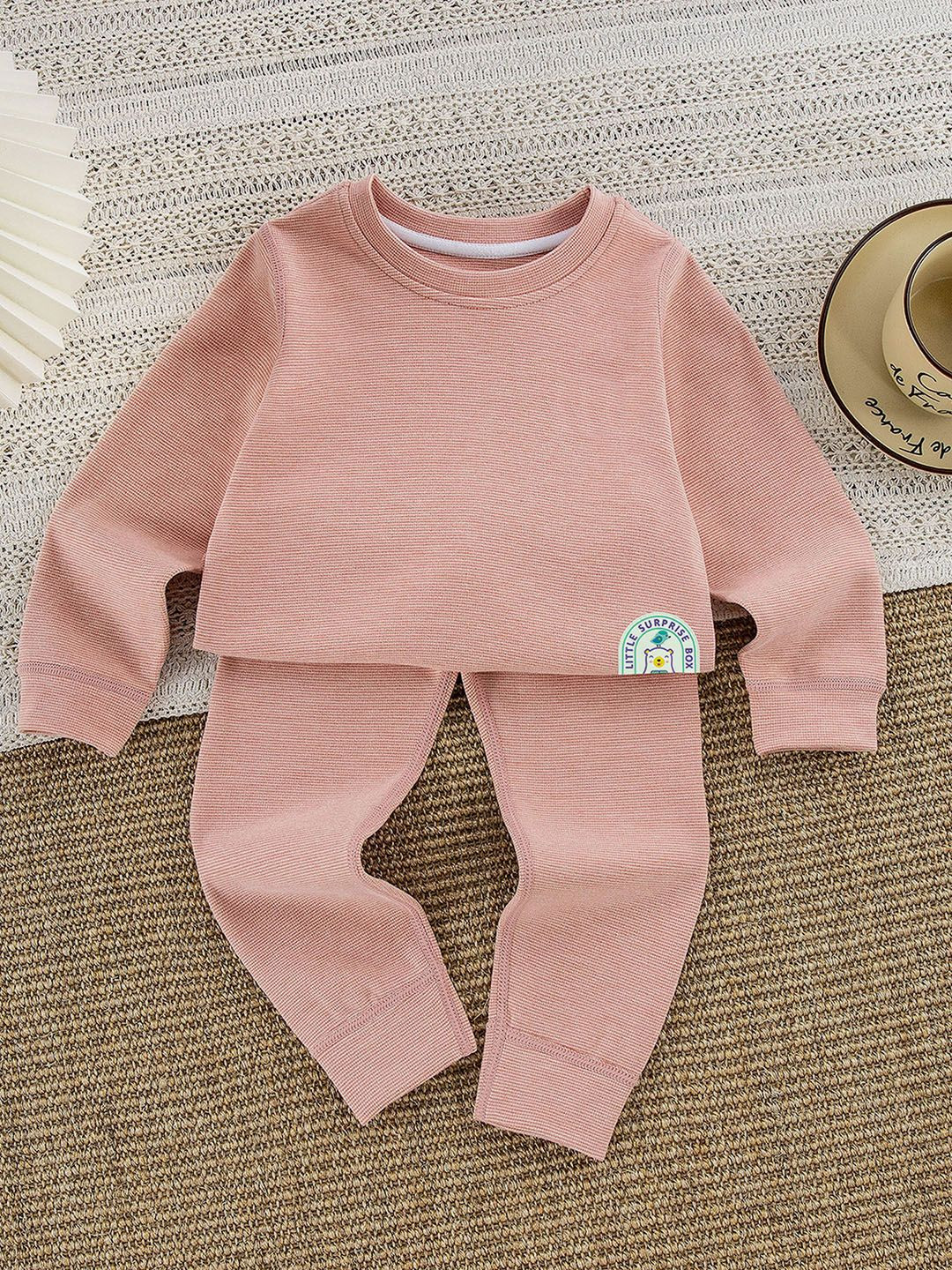 Little Surprise Box LLP Kids Stripes Round Neck Long Sleeves Winter Warmers Thermal Set