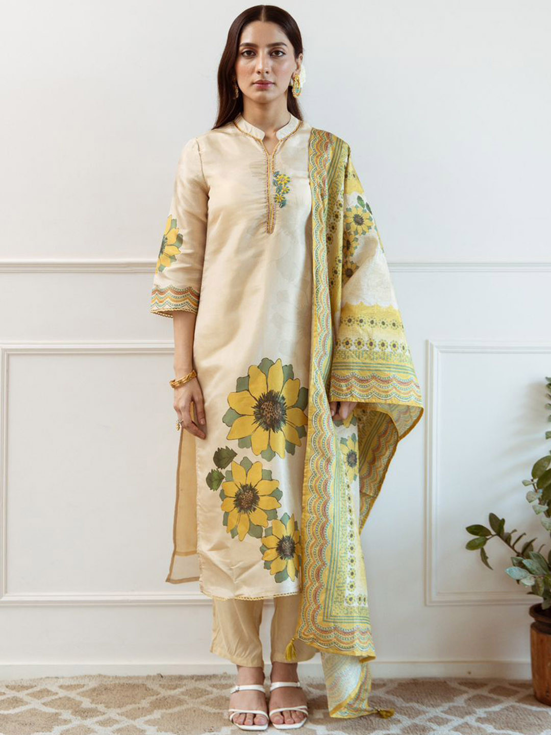 Anouk Cream and Yellow Floral Printed Thread Work Straight Kurta with Trouser & Dupatta