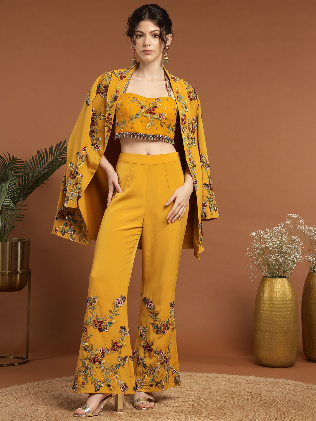 RIRASA Embroidered Halter Neck Top & Trousers With Jacket