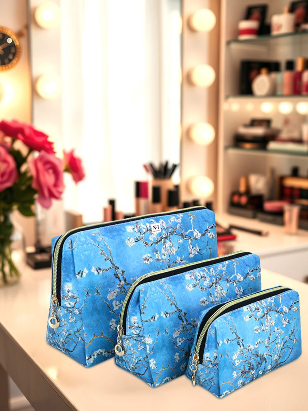 NFI essentials Set Of 3 Printed Makeup Pouch - Blue