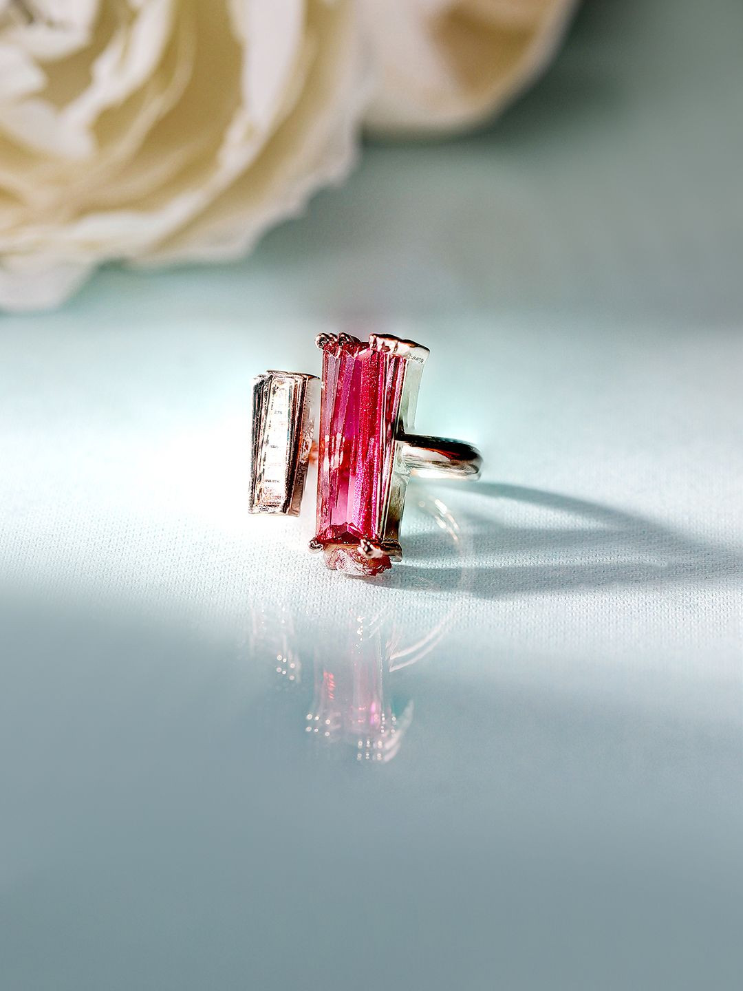 Priyaasi Rose Gold-Plated Geometric American Diamond Stone Studded Adjustable Finger Ring