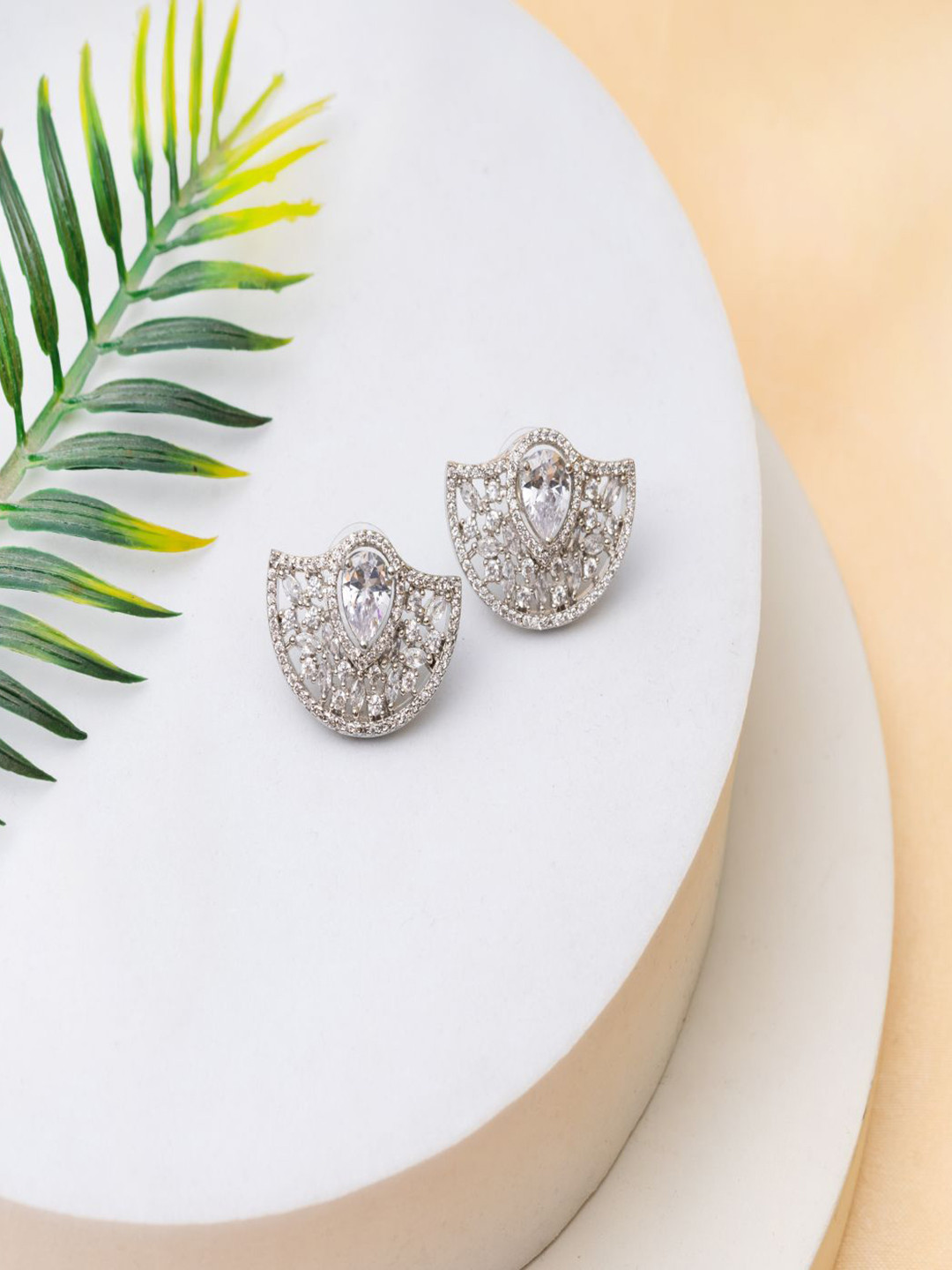 PUTSTYLE Silver-Plated Semi Circle Shaped American Diamond Studs
