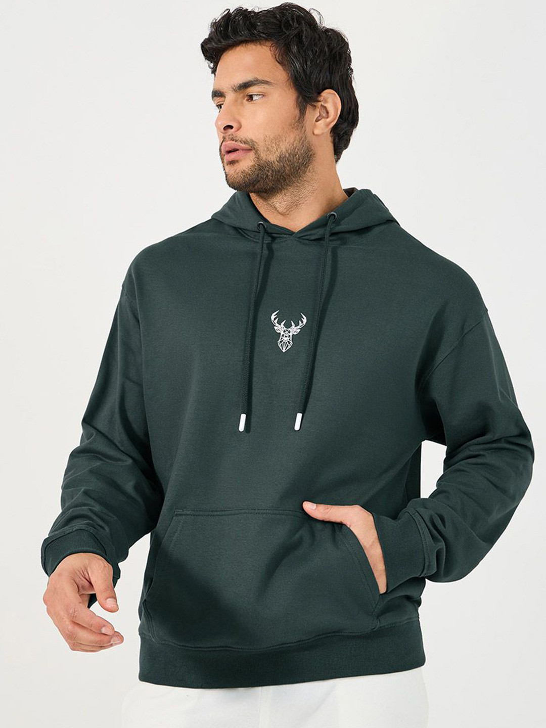 Styli Men Minimal HD Print Pure Cotton Hooded Long Sleeves Relaxed Fit Sweatshirt