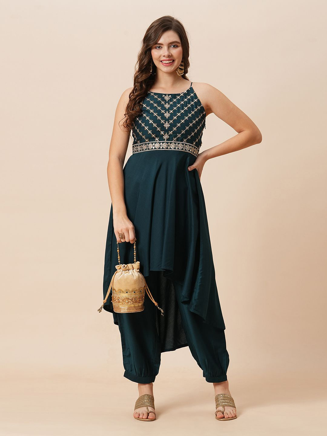 Globus Embroidered Round Halter Neck High-Low Hem A-Line Kurta & Afghani Pants Festive Set