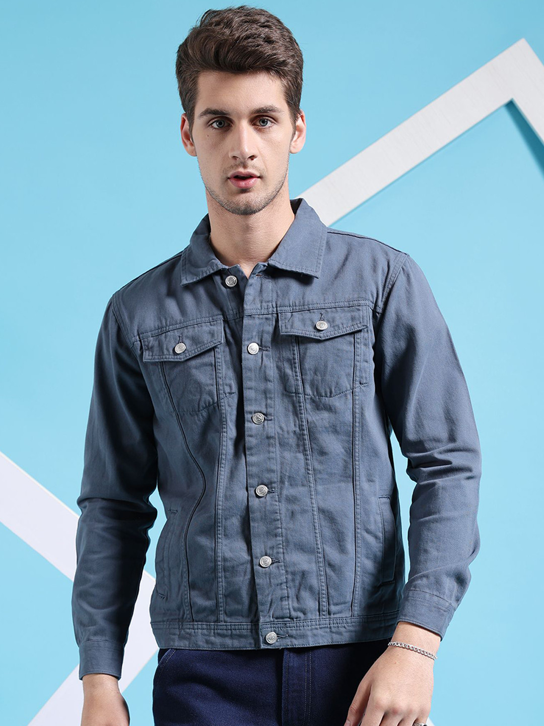 The Indian Garage Co Men Slim Fit Denim Trucker Jacket with Double Flap Pockets