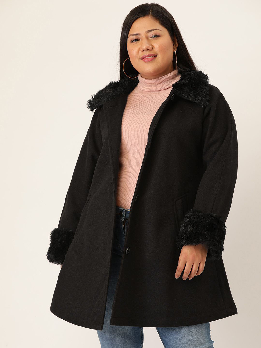 theRebelinme Women Plus Size Spread Collar with Faux Fur Overcoat Coat
