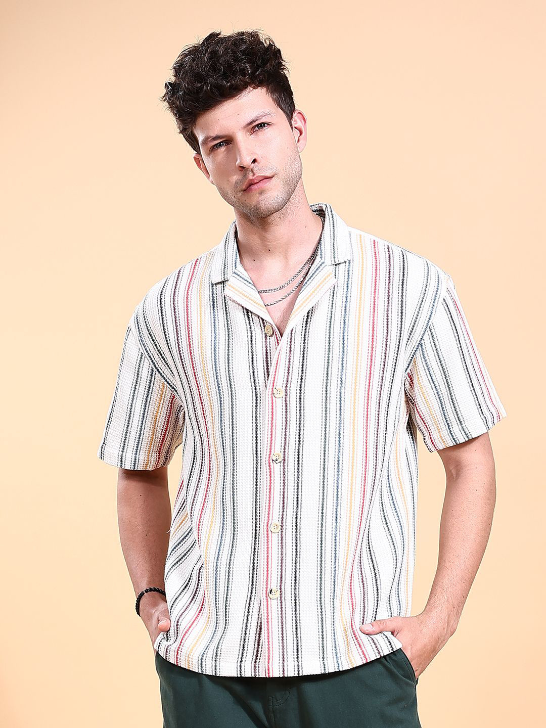 The Indian Garage Co Men Relaxed Fit Striped Waffle Textured Resortwear Shirt