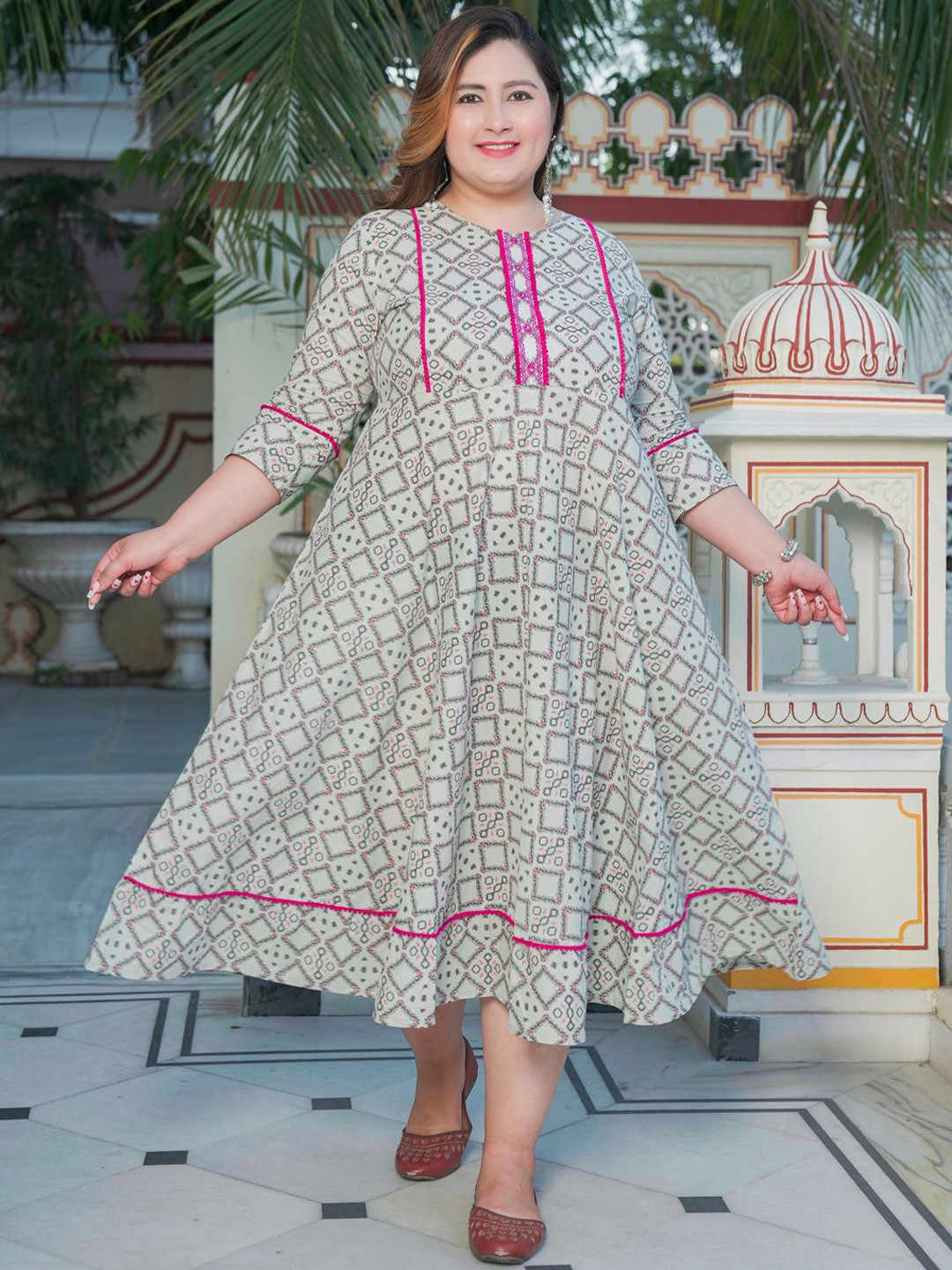 IKRASS Plus Size Geometric Printed Round Neck A-Line Ethnic Dresses