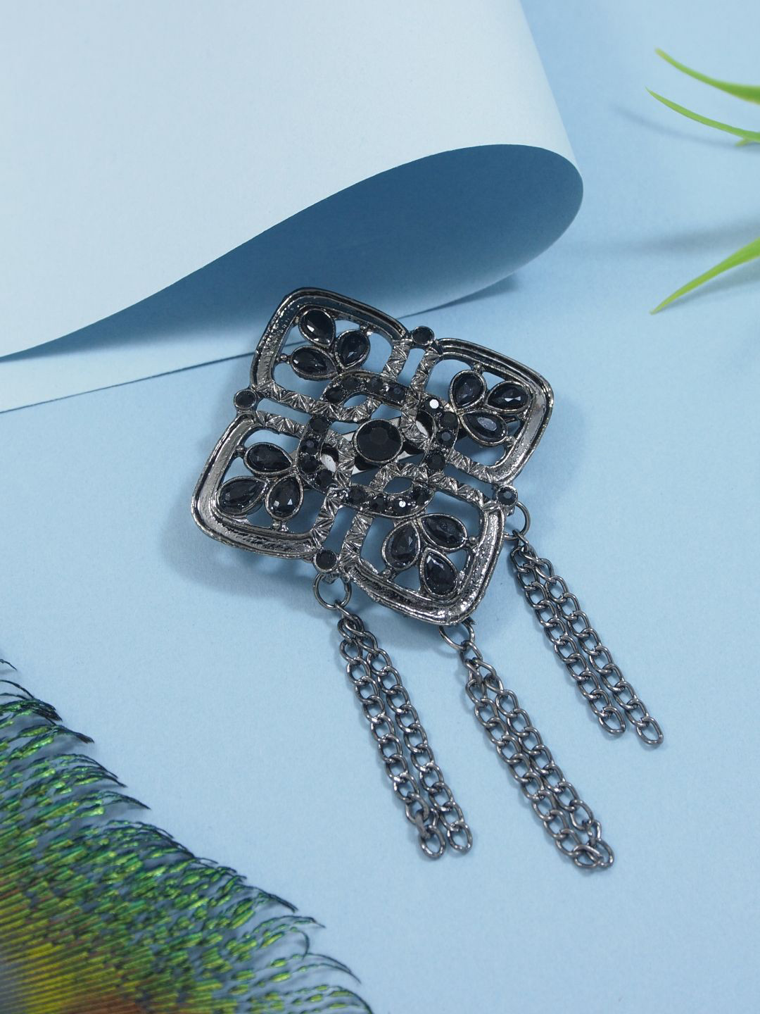 I Jewels Silver-Plated Oxidised Kundan Safa Kalangi Brooch