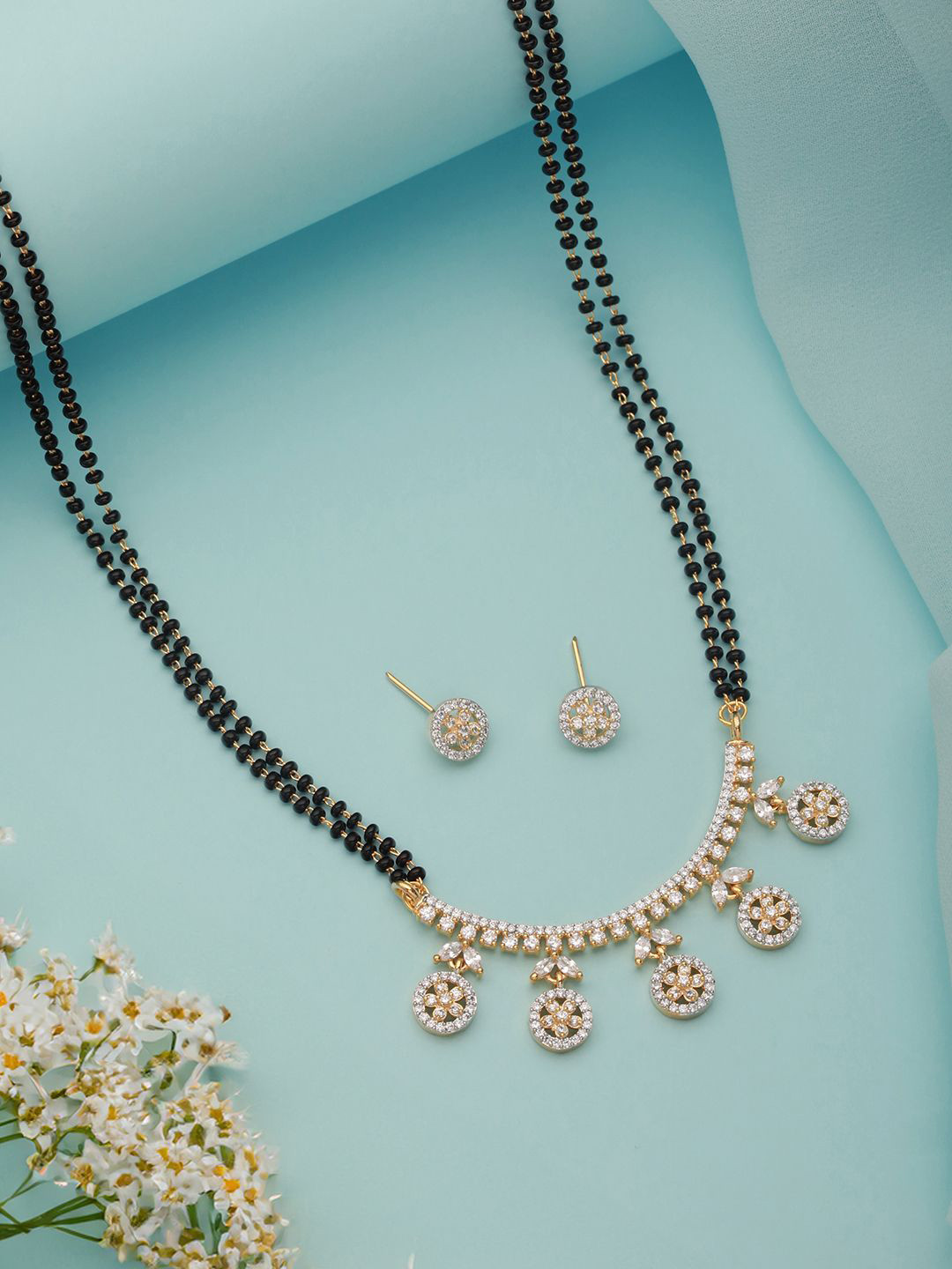 Saraf RS Jewellery Dual Toned CZ Stone Studded & Beaded Contemporary Mangalsutra