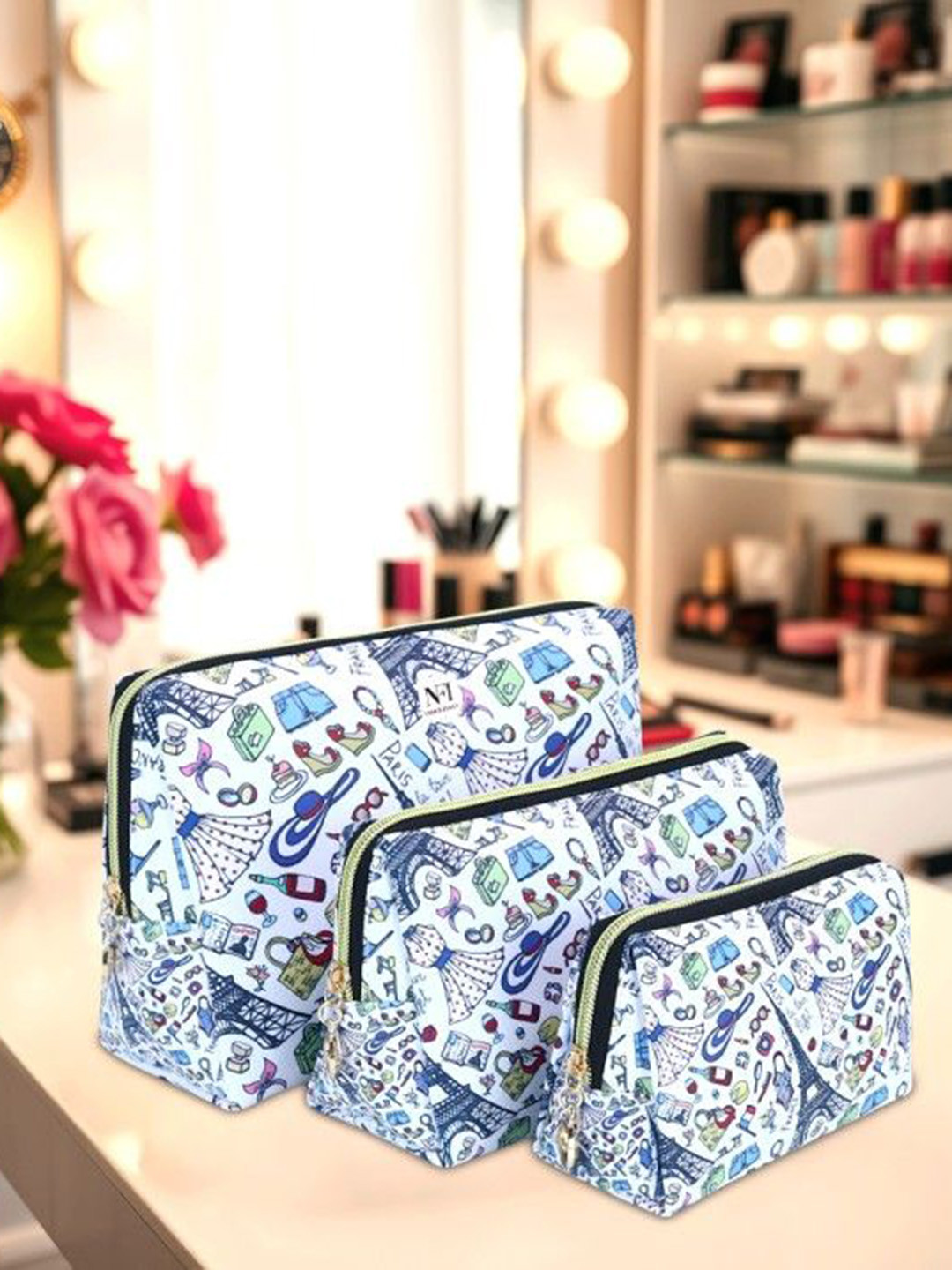 NFI essentials Set Of 3 Printed Makeup Pouch - White