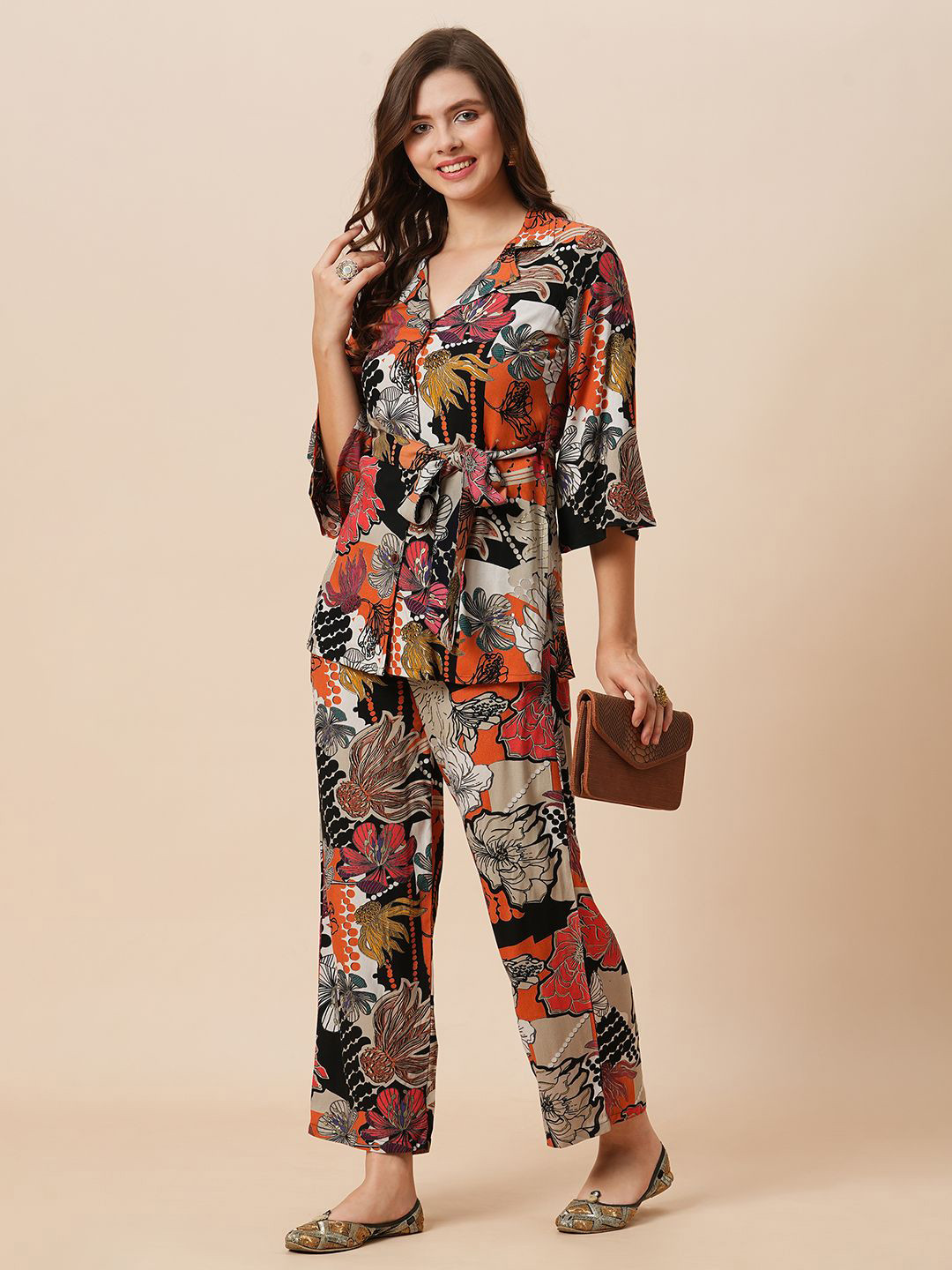 Globus Notch Lapel Floral Print Belted Tunic With Mid-Rise Pants Fusion Co-Ord Set
