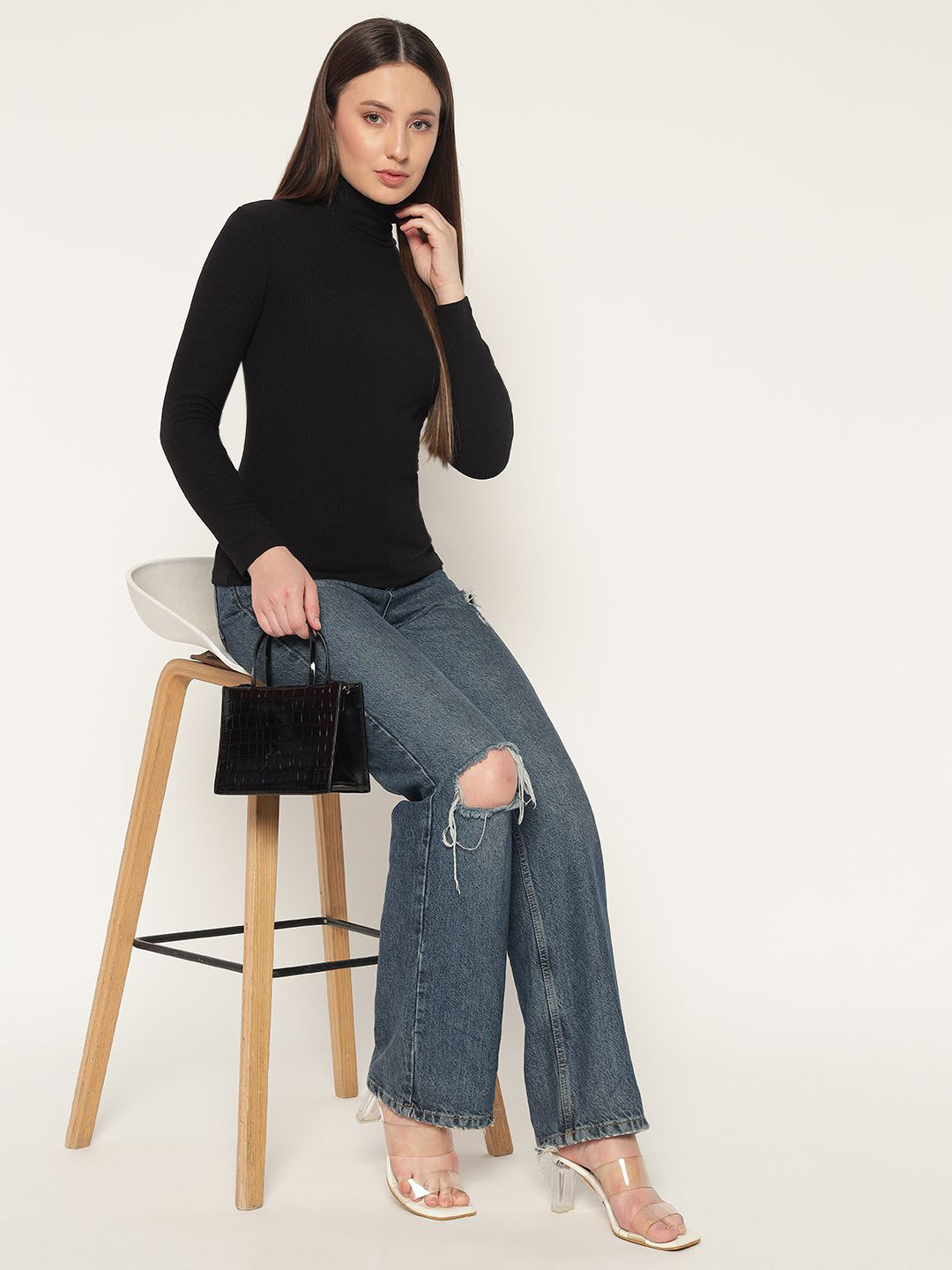 LE BOURGEOIS Women High Neck Ribbed Cotton Top