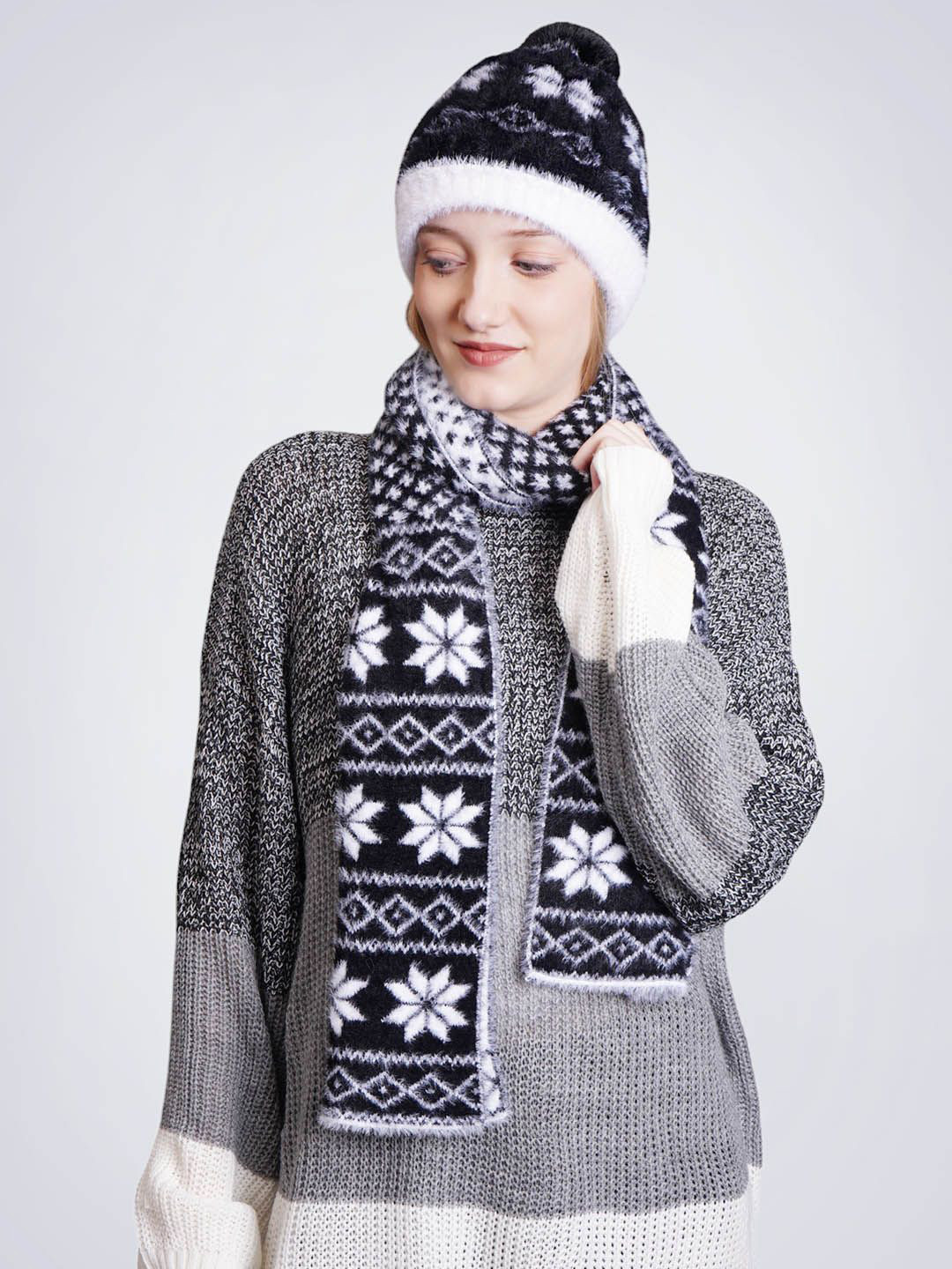 Bharatasya Women Faux Fur pom knitted Fluffy Elegant Cap & Muffler Set