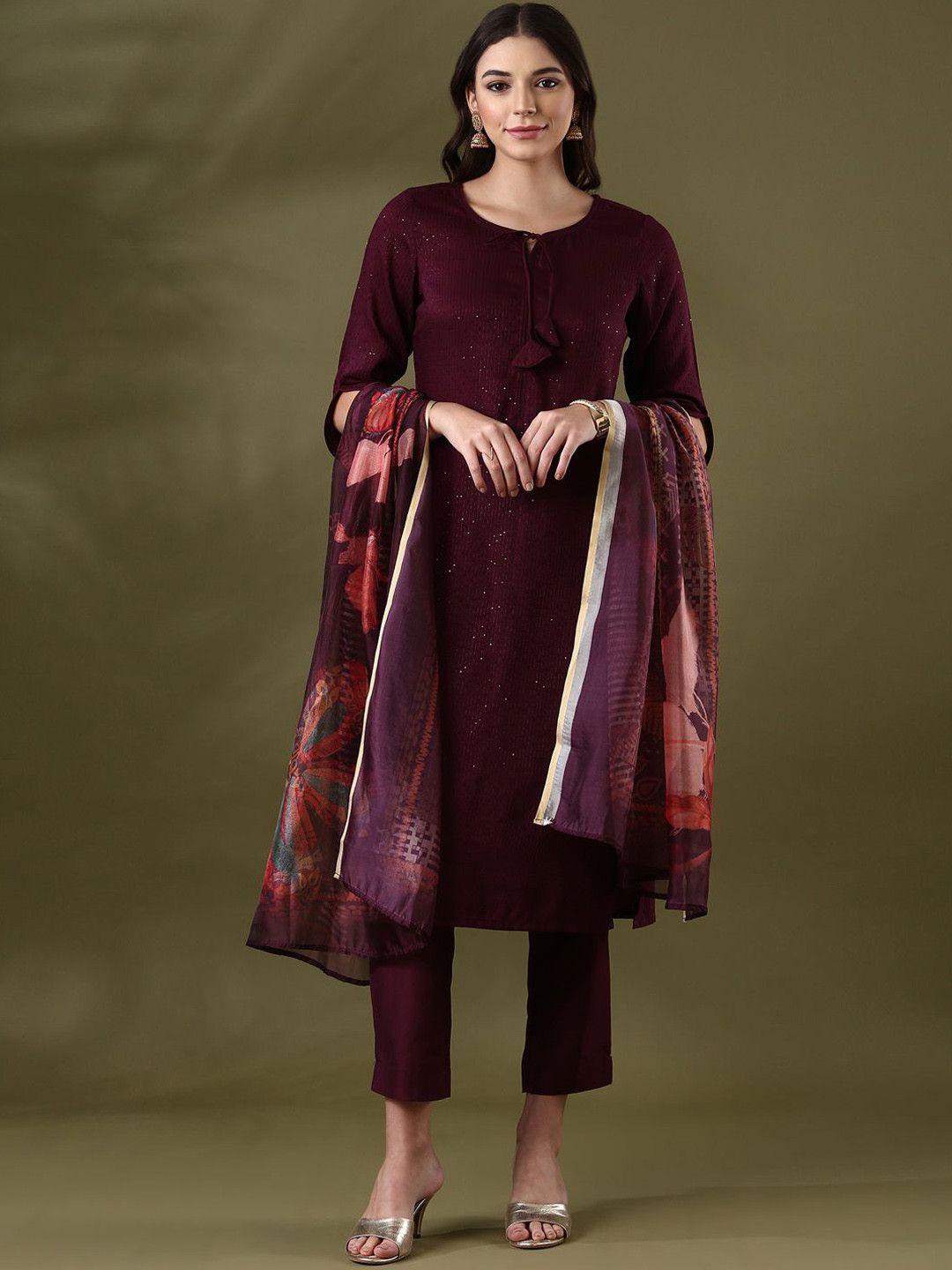Anouk Burgundy Striped Embroidered Tie-Up Neck Straight Kurta With Trousers & Dupatta