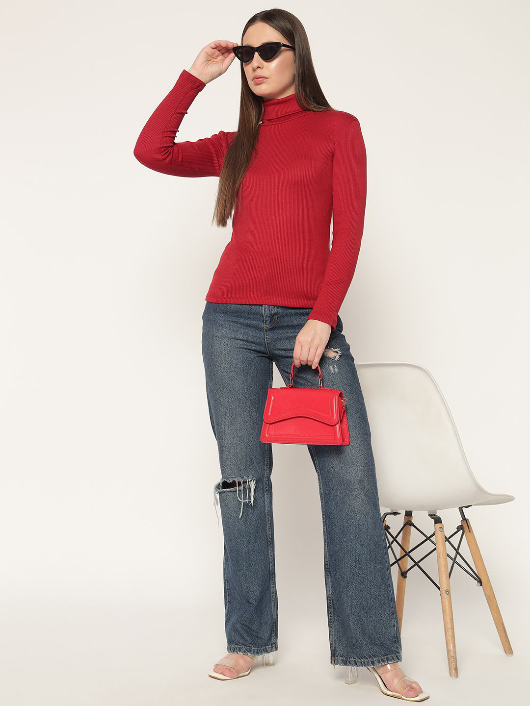 LE BOURGEOIS Women Cotton High Neck Full Sleeve Top