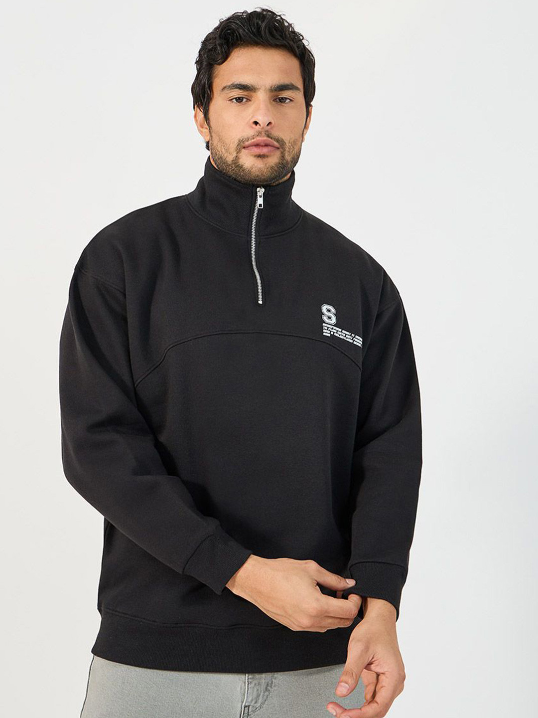 Styli Black Quarter Zip Chest Print High Neck Long Sleeves Boxy Fit Heavy Sweatshirt