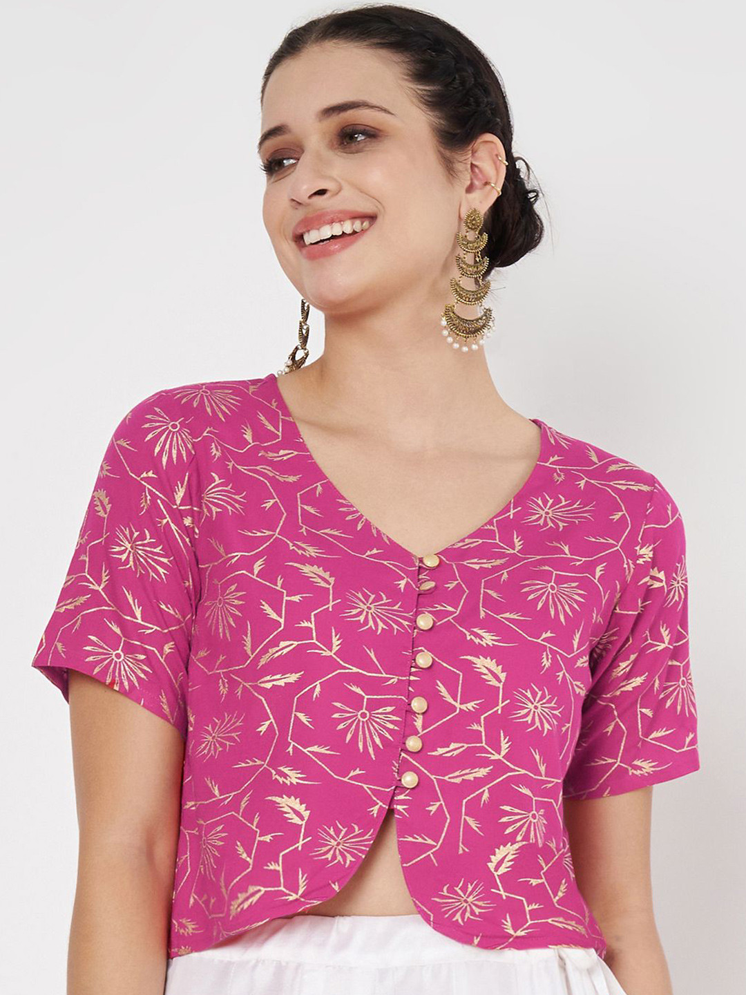 studio rasa Women Floral Printed Block Printed Button Down Regular Top