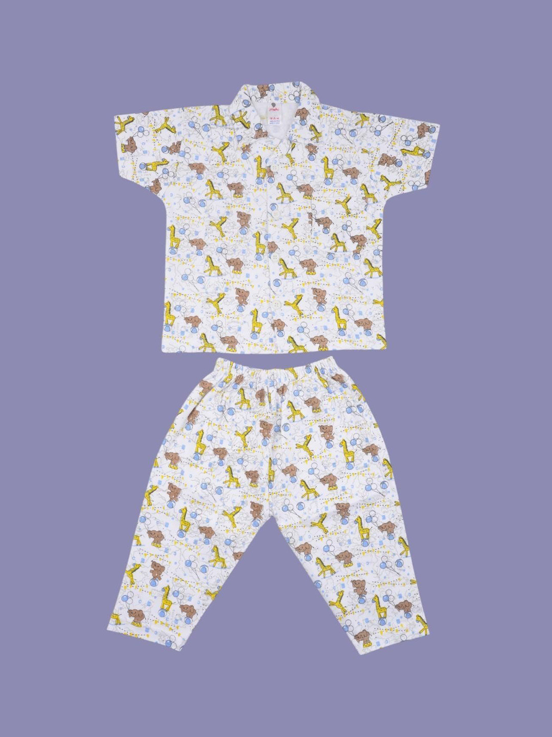 Yellow Bee Boys Pure Cotton Shirt Collar Short Sleeves Printed Night Suit