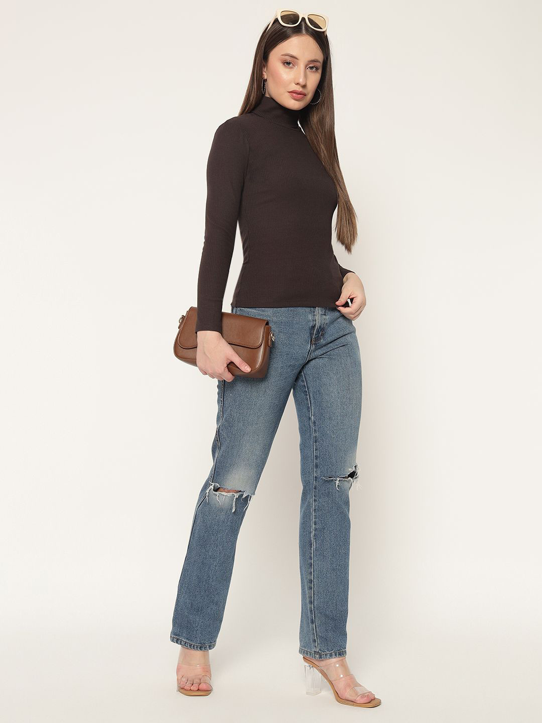 LE BOURGEOIS Women Cotton High Neck Long Sleeves Top