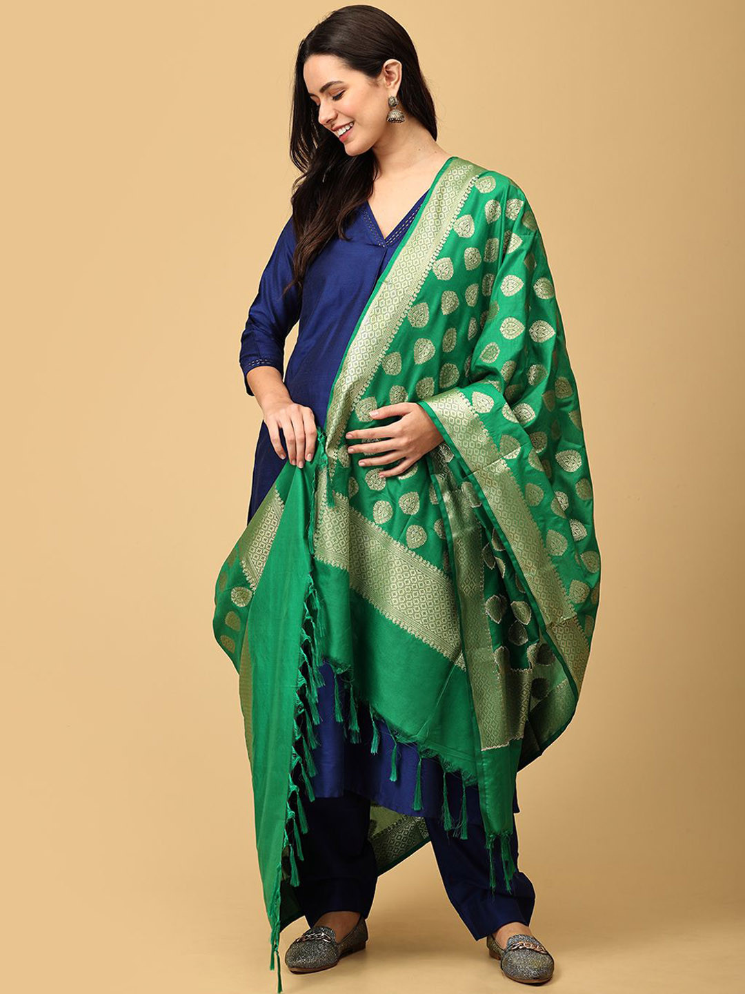 The Mom Store V-Neck Three-Quarter Sleeves Regular Raw Silk Kurta & Trouser With Dupatta