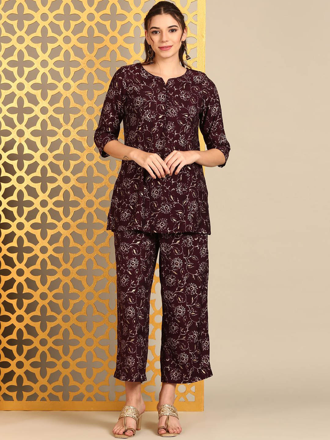 Anouk Burgundy Floral Printed Round Neck Tunic & Palazzo Set